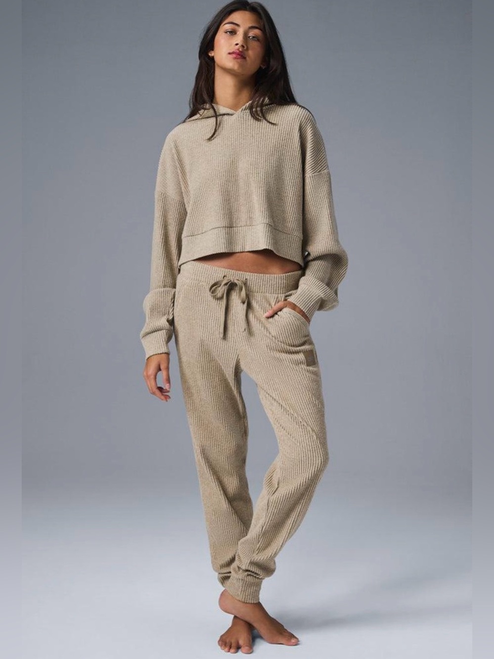Alo Yoga Muse Ribbed Hoodie Jogger Set Taupe Gravel Heather M